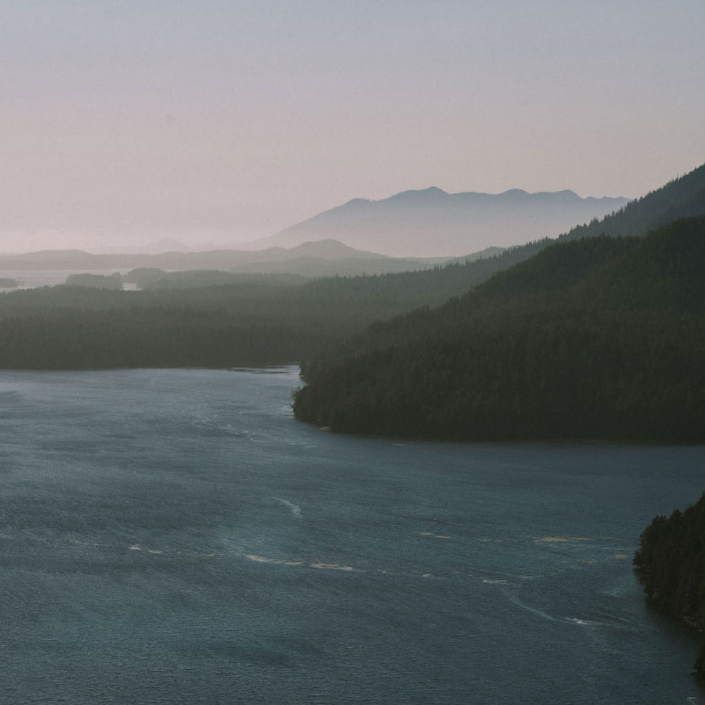 The Pacific ocean and misty hills surrounding Vancouver Island.